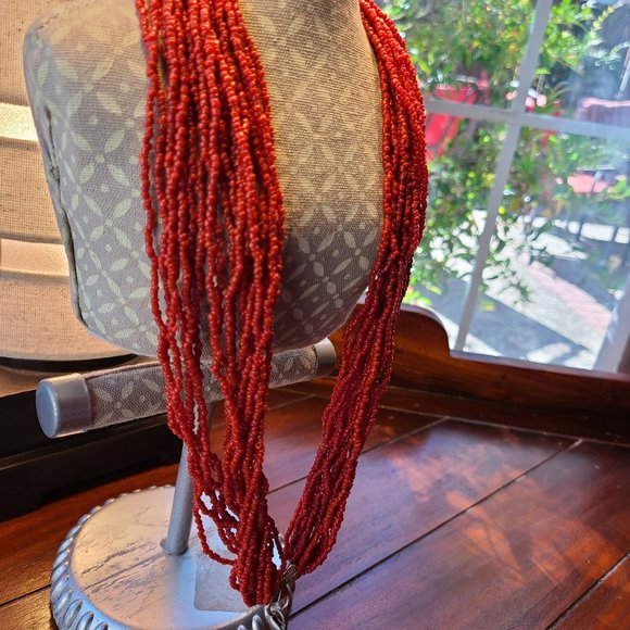 Multiple Strands Red Coral Necklace & Aztec Design Sterling Silver Pendant. - Picture 2 of 4